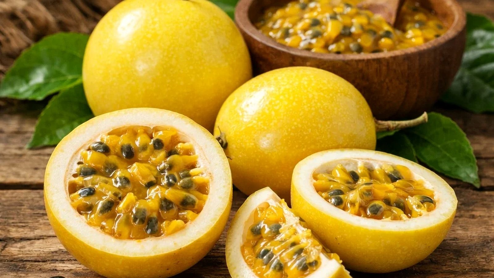 Maracujás amarelos inteiros e abertos sobre uma mesa de madeira
